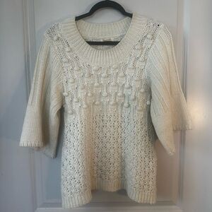 Sundance Chunky Crochet Bell Sleeve Ivory Wool Blend Baby Doll Sweater, Small